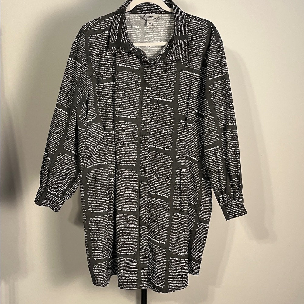 Spoon Love Beyond Words Novel Text Print Button Front Shirt Dress 1X